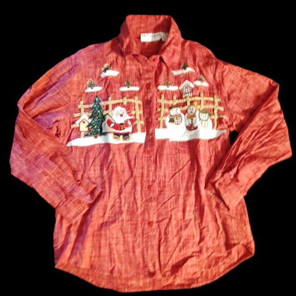 CHRISTMAS HOLIDAY TOP UGLY SWEATER BUTTON UP EMBROIDERED PASSPORTS~WOMENS SIZE M - Picture 1 of 3